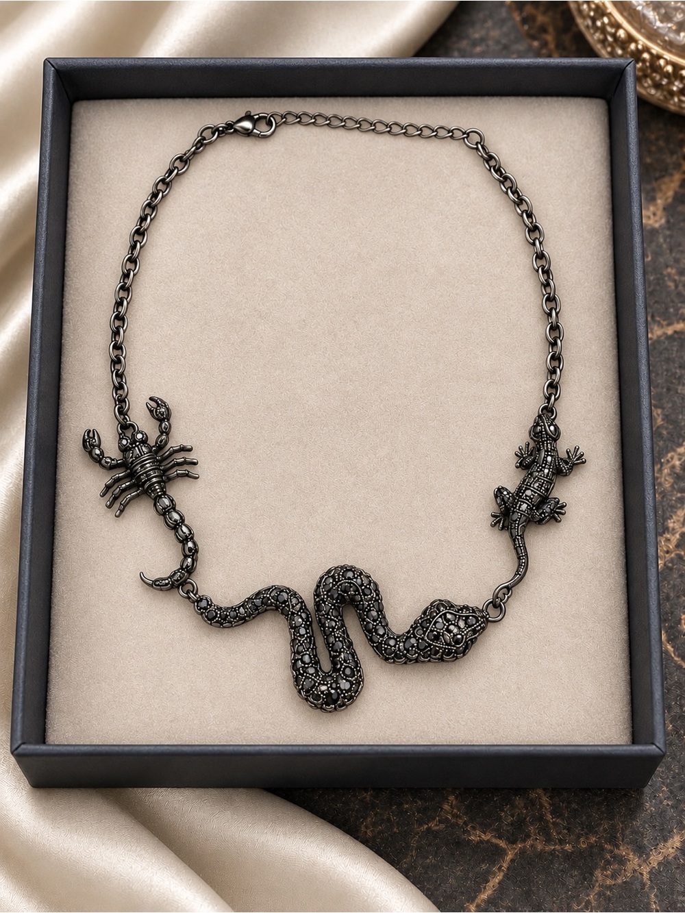 Black Jeweled Reptile Necklace - Scorpion, Lizard & Snake